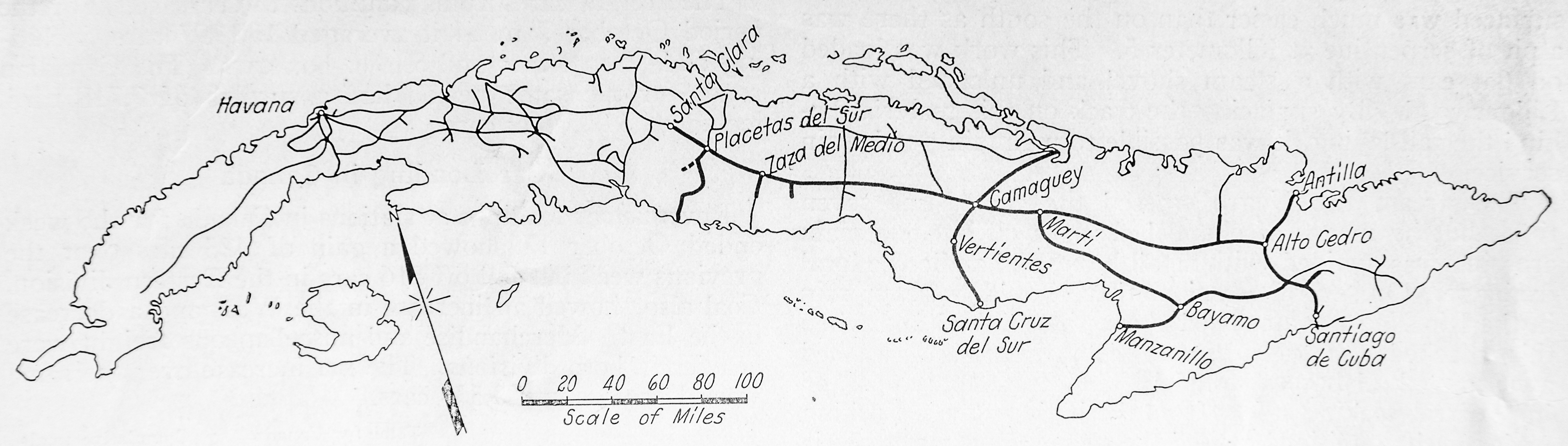 1925 Map of Cuba showing existing railroad lines, with the Cuba Railroad main line and branch lines shown with heavy lines